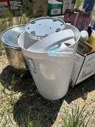 Mixed Lot: Large Stock Pot, Bucket, and Box of Assorted Items