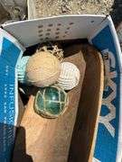 Boxes of Home Decor Items: Oil Lamps, Wood Bowl, & Decorative Balls