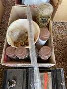 Miscellaneous lot of metal boxes, spray, paint oil, light fixtures, and tools