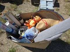 Box Lot of Rolled Maps, Plush Toys, and Straw Hat