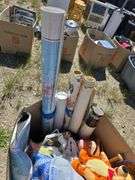 Box Lot of Rolled Maps, Plush Toys, and Straw Hat