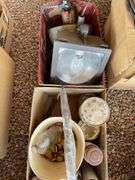 Miscellaneous lot of metal boxes, spray, paint oil, light fixtures, and tools