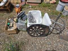 Mixed Lot: Metal Rings, Tools, Dartboard, Bar Stool, and More