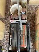 Miscellaneous lot of metal boxes, spray, paint oil, light fixtures, and tools