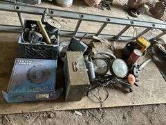 Miscellaneous auto parts, come along, crate and metal box