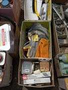 Boxes of Assorted Hardware, Gloves, and Wire Brushes