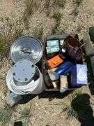 Mixed Lot: Large Stock Pot, Bucket, and Box of Assorted Items