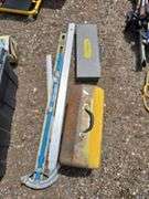 Mixed Lot of Tools: Metal Toolboxes, Wrenches, Levels, and Door Hardware Jig