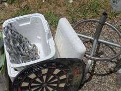 Mixed Lot: Metal Rings, Tools, Dartboard, Bar Stool, and More