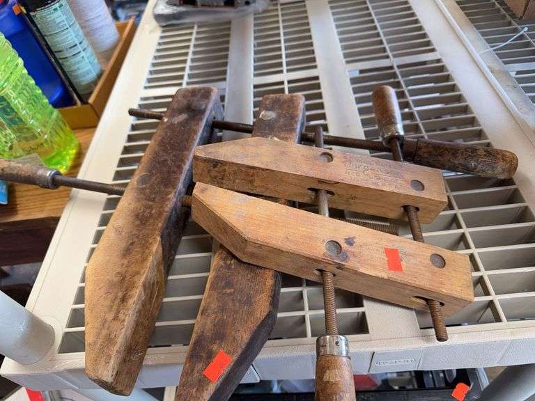 2 vintage wooden clamps image