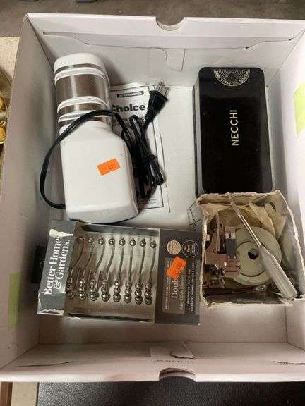 Box of miscellaneous, sewing machine, parts, knife, sharpener, and shower hooks image