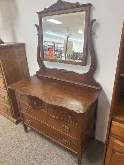 Antique beveled mirror, dresser image