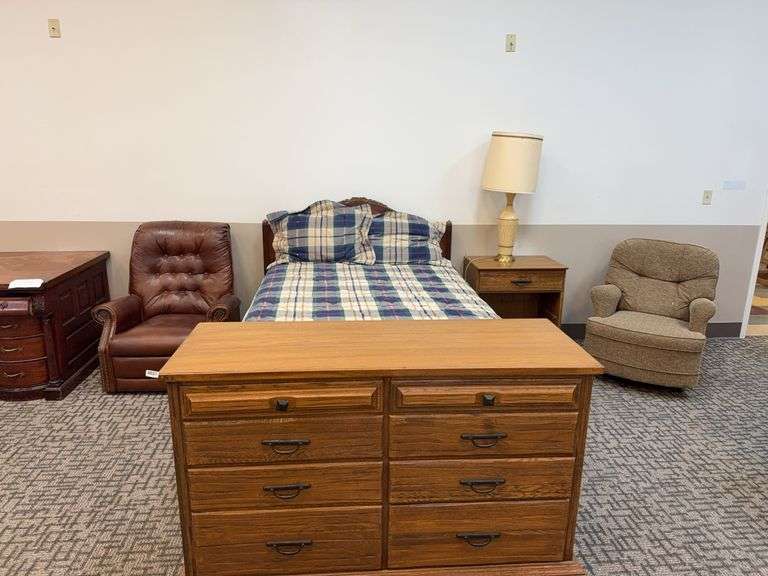 Monk’s bedroom set from Abbott’s quarters includes bedframe, dresser, nightstand, lamp, two recliners image