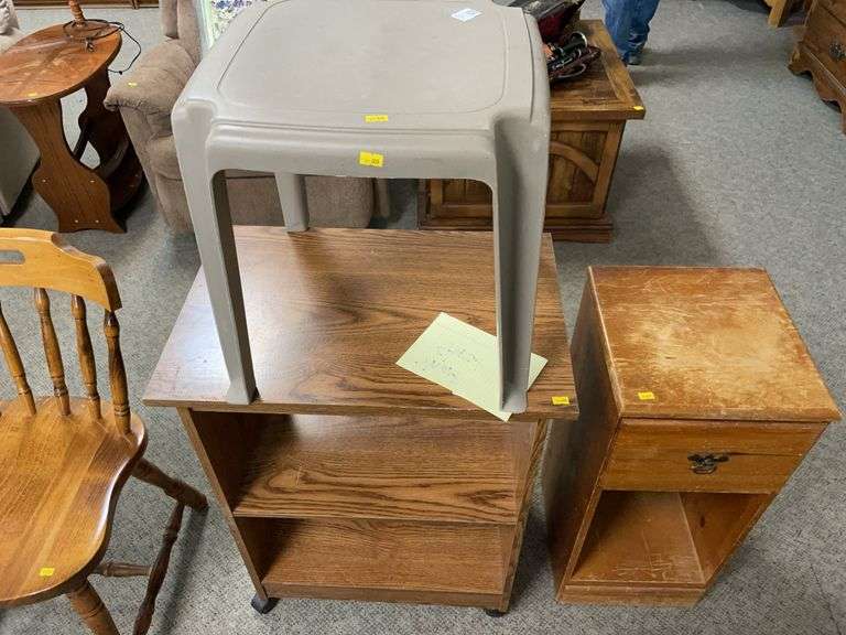 Microwave stand, plastic table, and small wooden end table image