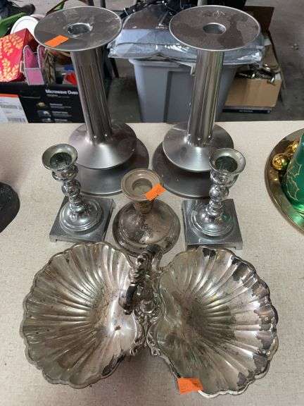 Lot of miscellaneous candleholders, and candy dish image