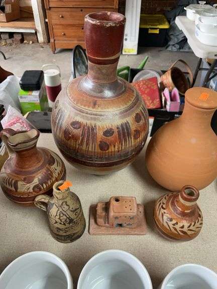 Lot of five clay pots, and one clay incense burner image