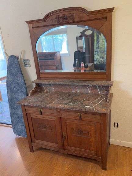 Antique Oak Washstand with Marble Top and Mirror image