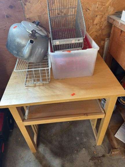 Table, baskets, tea pot, container image