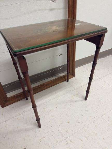 Small floral and painted end table with glass top,  frame with wire stringers with bull clips to hang notes. image