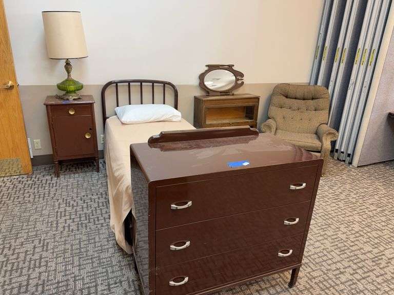 Original monk bedroom set with lamp book case recliner from 1940’s image