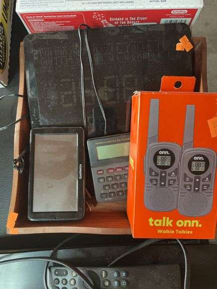 Digital clock, calculator, walkie-talkies, Garmin, GPS and wooden box image