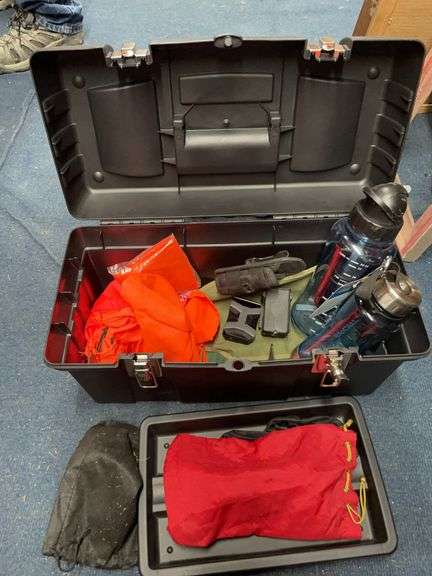 Toolbox with miscellaneous hunting items, water jugs image