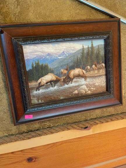 Wood framed elk fighting picture image