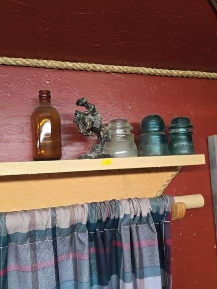 Assorted glass jars, Bronc Rider Satue, & Tabacco Tin image