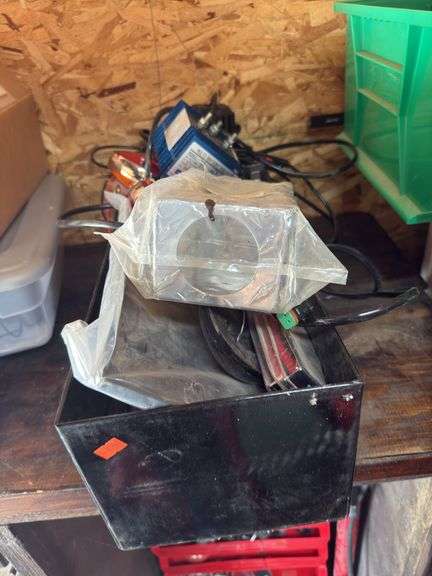 Assorted automotive, lighting, multi battery, isolator, battery, cables, steel accessory box image