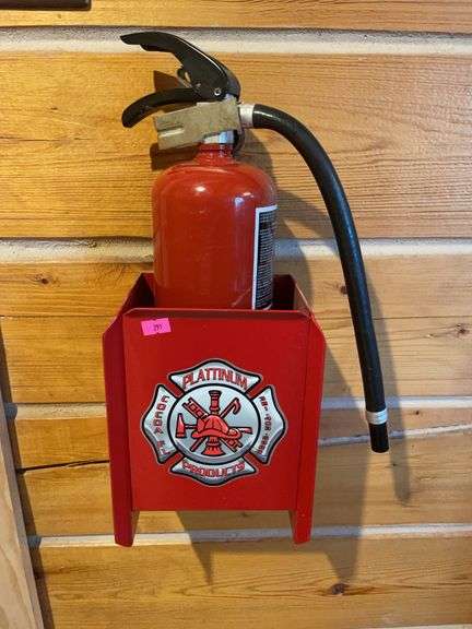 Metal fire extinguisher holder with fire extinguisher image