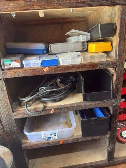 Assorted storage bins, propane, valve, and hose, small water pump image