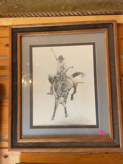 Barnwood framed bronc rider picture image