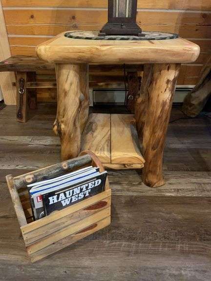 Log end table with magazine holder image