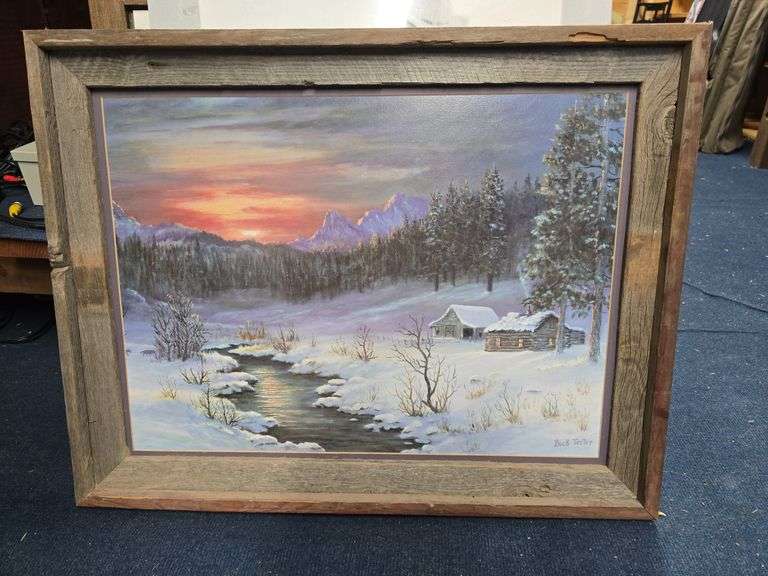 Framed Winter Cabin Picture image