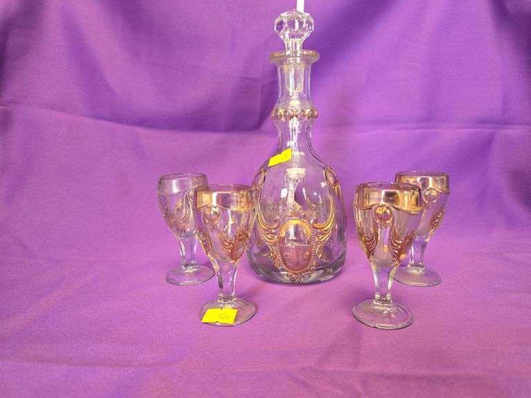 Antique Glass Decanter 4 Goblets set Gold image