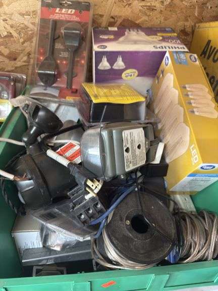 Assorted wiring, electrical timers, Edison bulbs, LED lights, motion sensor lights, circuit breaker speaker wire image