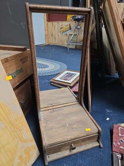 Wooden Shelf with Mirror & Assorted Pictures image