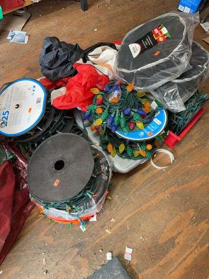 Lot of miscellaneous Christmas lights, Christmas storage, light bag, and blow up Santa Claus image