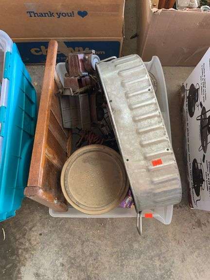 Plastic tote of miscellaneous home decor image