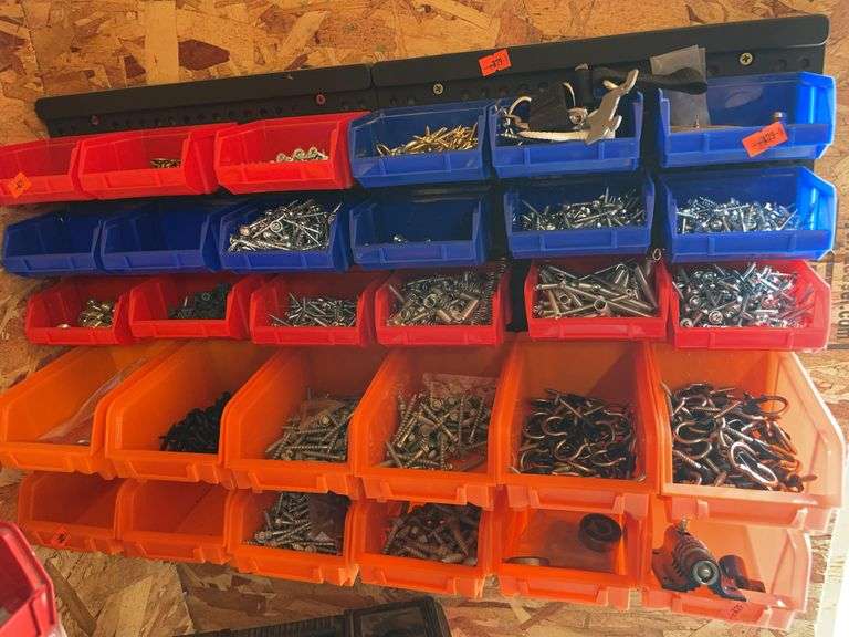 30 plastic storage containers with bracket and contents of screws, hooks and miscellaneous image