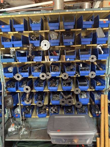 Lot of storage bins with chain deck, screws, none certified use black pipe, pipe fittings & brackets lots O-U image