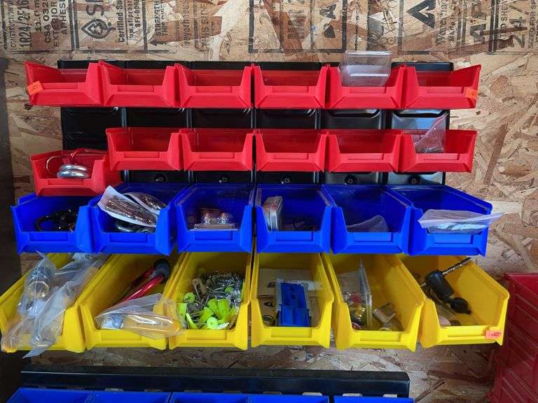 24 piece plastic storage bin system with contents and bracket image