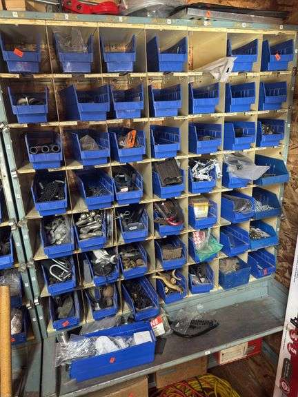 A lot of storage bins with lug, nuts, bra, nails, nails, you nails plate, nails, chain, hooks, hinges strap, brackets, lots H-N image