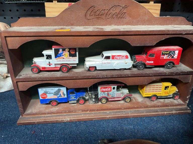 Lot of six Coca-Cola Die Cast cars and wooden shelf image
