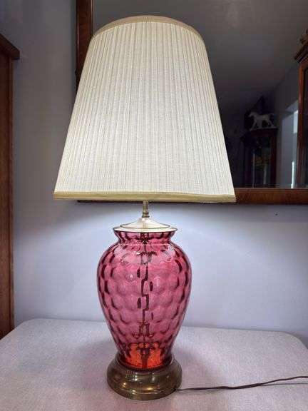Cranberry optic dot brass lamp with pleated shade. 31" tall