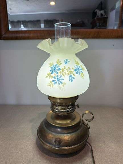 Fenton lamp. Artist signed Nancy Kuhne.