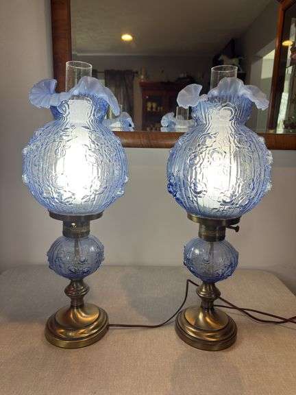 Pair of Fenton matching blue cabbage rose with opalescent Gone With The Wind lamps. 21" tall GWTW
