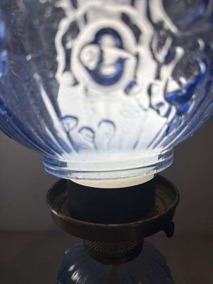 Pair of Fenton matching blue cabbage rose with opalescent Gone With The Wind lamps. 21" tall GWTW
