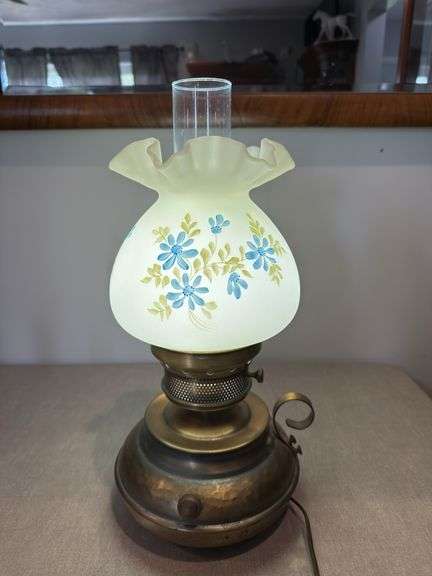 Fenton lamp. Artist signed Nancy Kuhne.