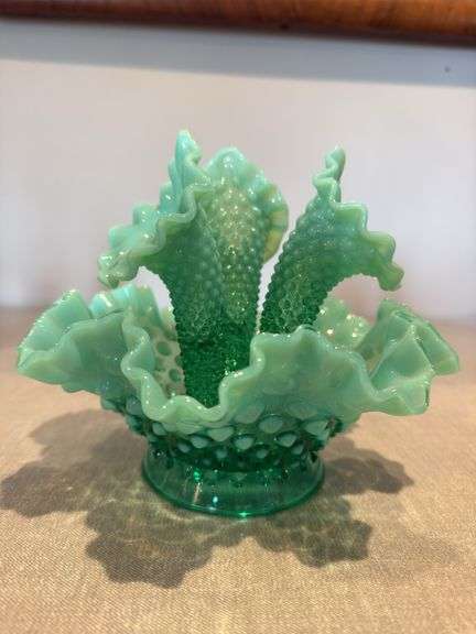 Fenton green opalescent hobnail epergne. Uranium
